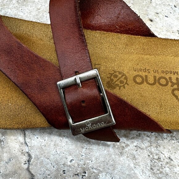 Yokono Sandals Womens Size 9 Cognac Leather Toe Loop Slides Adjustable Buckle - Picture 7 of 11